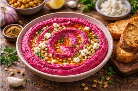 Яркий хумус со свеклой и козьим сыром для незабываемой закуски