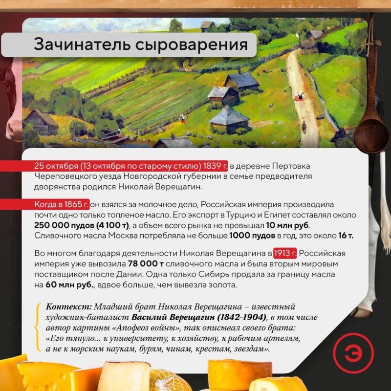 25 октября исполняется 187 лет со дня рождения Николая Верещагина – создателя артельного сыроварения и маслоделия в Российской империи 25 октября исполняется 187 лет со дня рождения Николая Верещагина – создателя артельного сыроварения и маслоделия в Российской империи