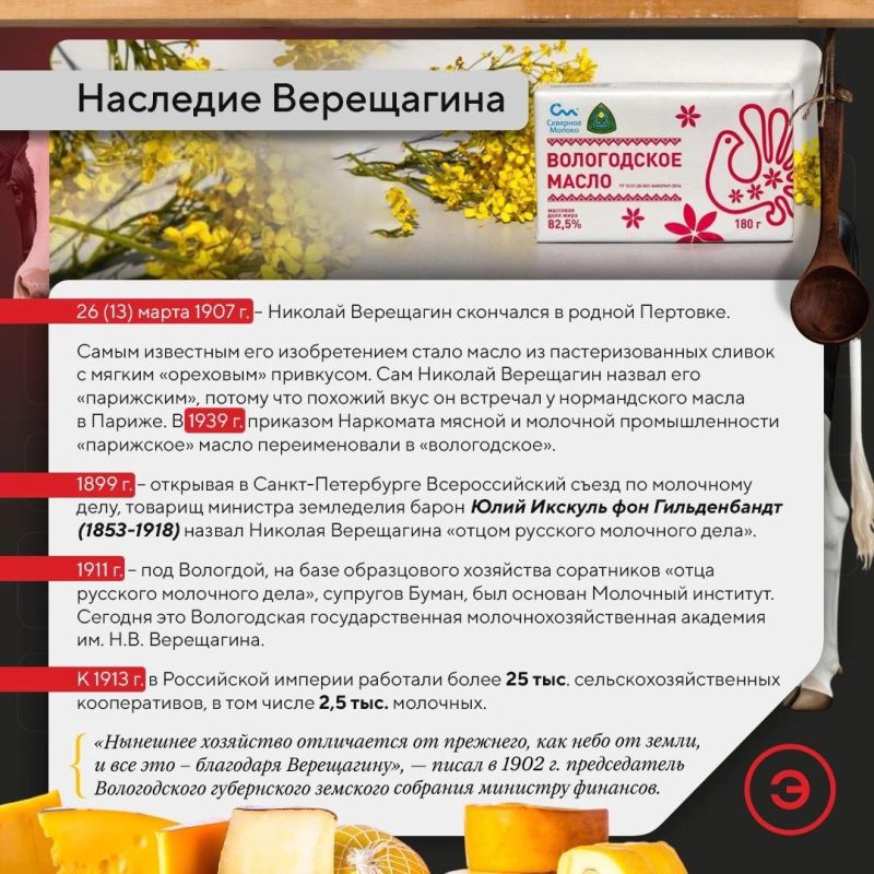 25 октября исполняется 187 лет со дня рождения Николая Верещагина – создателя артельного сыроварения и маслоделия в Российской империи 25 октября исполняется 187 лет со дня рождения Николая Верещагина – создателя артельного сыроварения и маслоделия в Российской империи